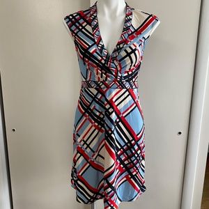 BCBG MAXAZRIA Red Ivory & Navy Plaid Sleeveless Dress